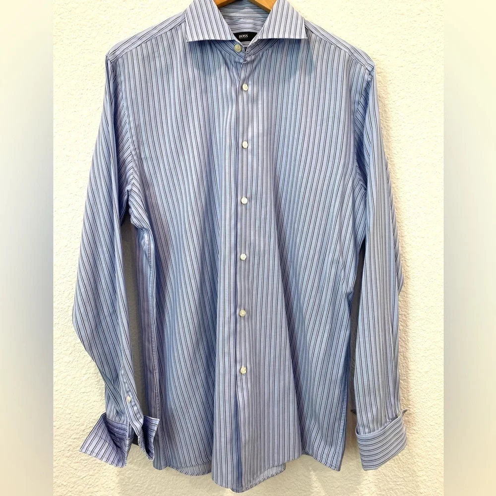 Boss Hugo Boss Sharp Fit Dress Shirt Light Blue Pinstripe Men’s Size 16.5